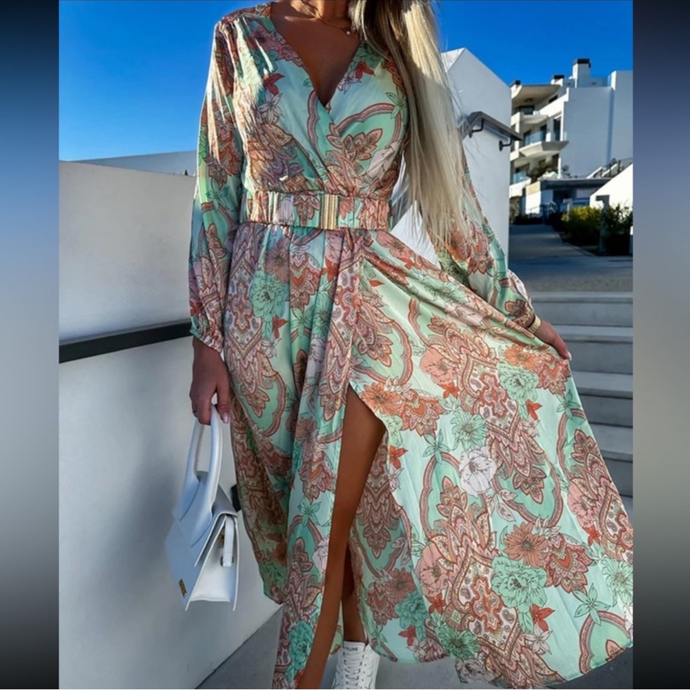 MINT GREEN/PINK BOHEMIAN DRESS - Picture 1 of 5